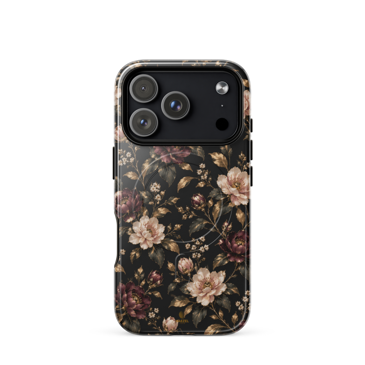 The Rosewood iPhone Case by Haezel Tech — dusky rose and burgundy florals with gold leaves on black