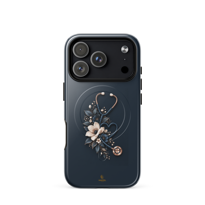 The Grace iPhone Case, anemones and rose-gold stethoscope on navy. Haezel Tech Healer Series, view 15
