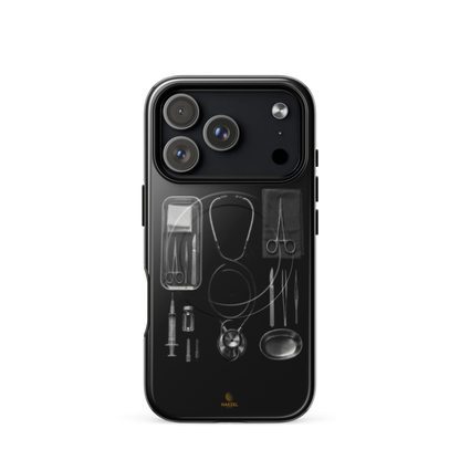 The Theatre iPhone Case, silver surgical instrument tray on black. Haezel Tech Healer Series, view 15