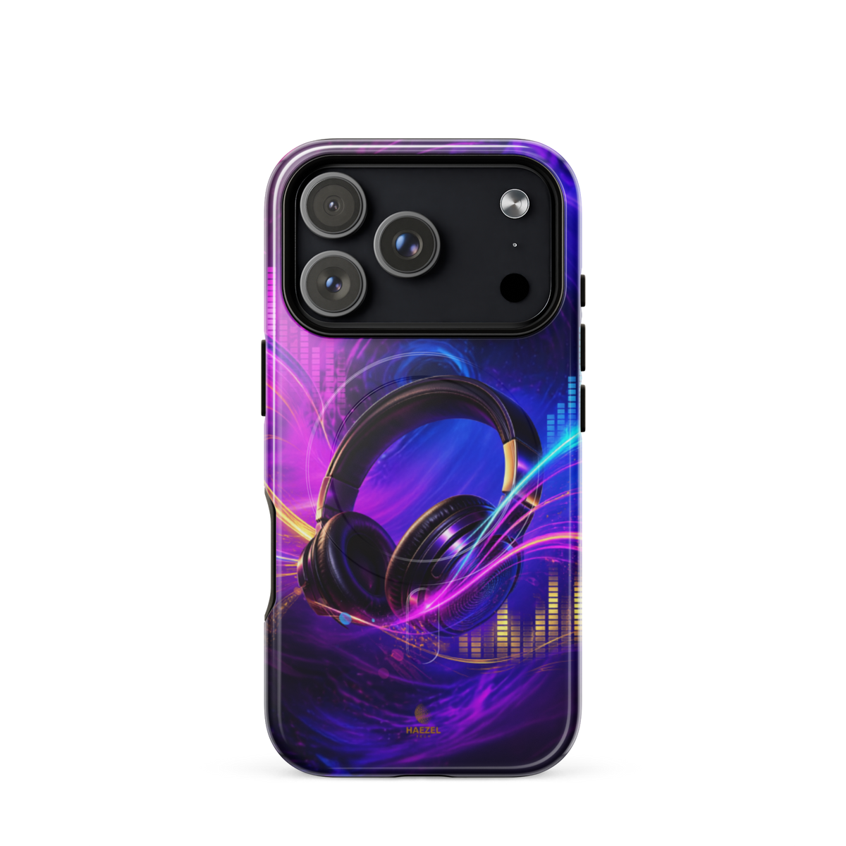 The Frequency iPhone Case, studio headphones on a neon equaliser swirl. Haezel Tech Rhythm Series, view 15