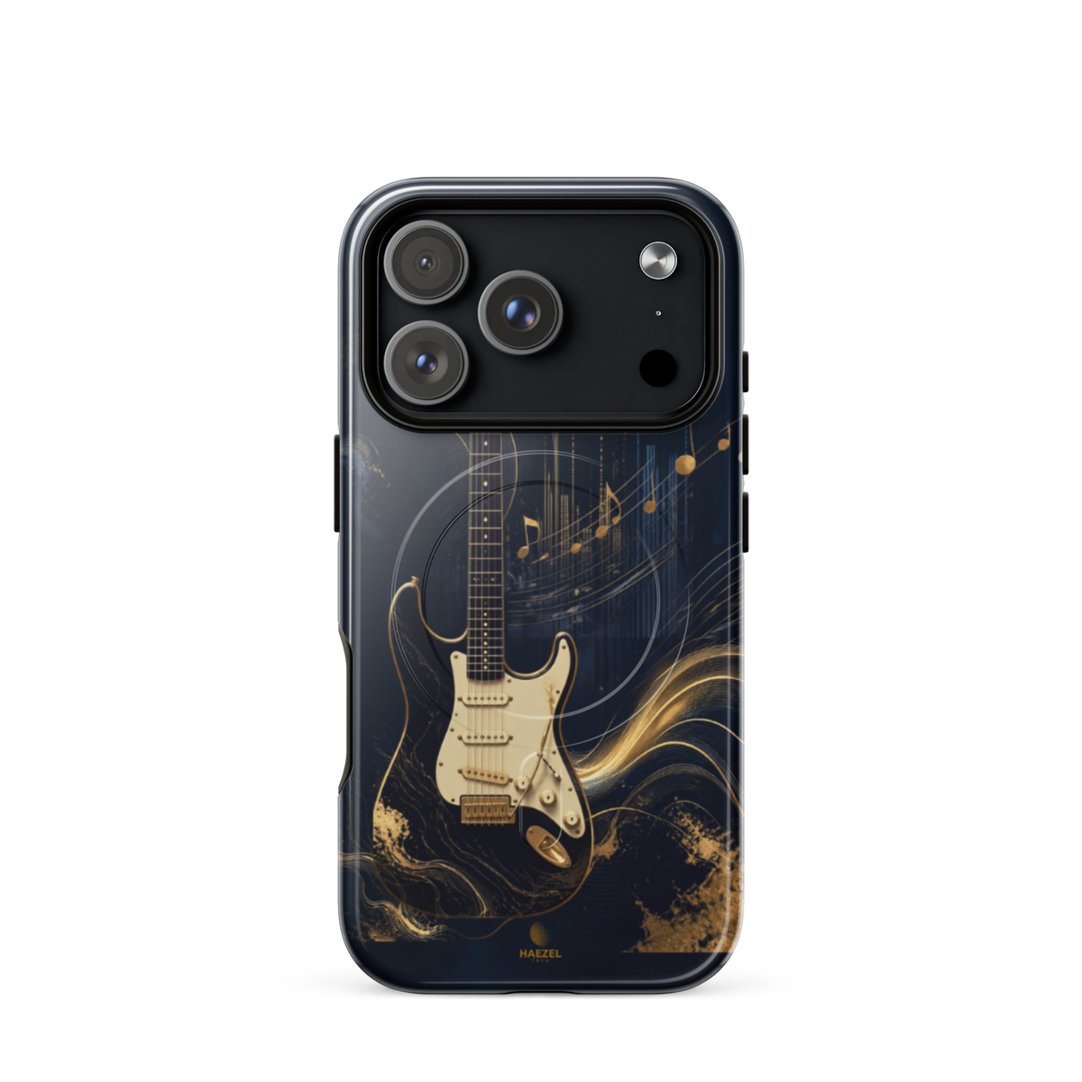 The Headliner iPhone Case, cream and gold electric guitar on navy. Haezel Tech Rhythm Series, view 15