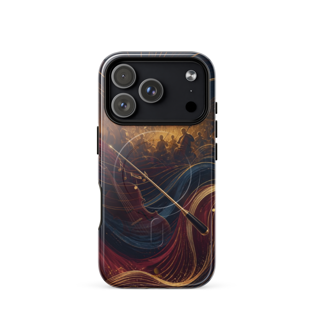 The Virtuoso iPhone Case, gold-line violin and bow over orchestra silhouettes. Haezel Tech Rhythm Series, view 15