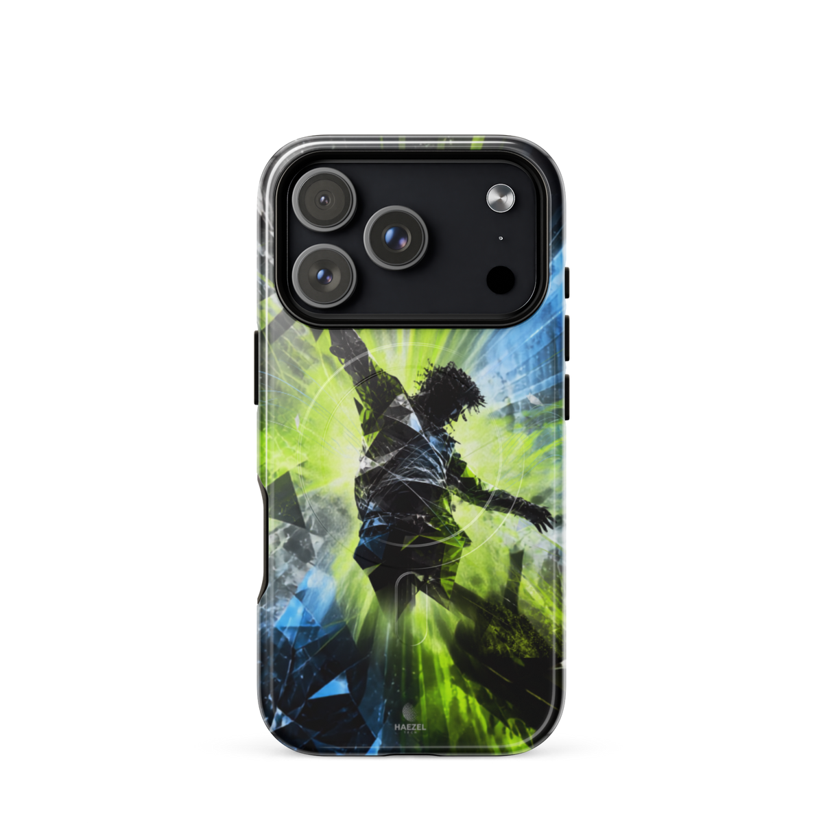 The Kinetic iPhone Case, lime dancer silhouette breaking into geometric shards. Haezel Tech Rhythm Series, view 15