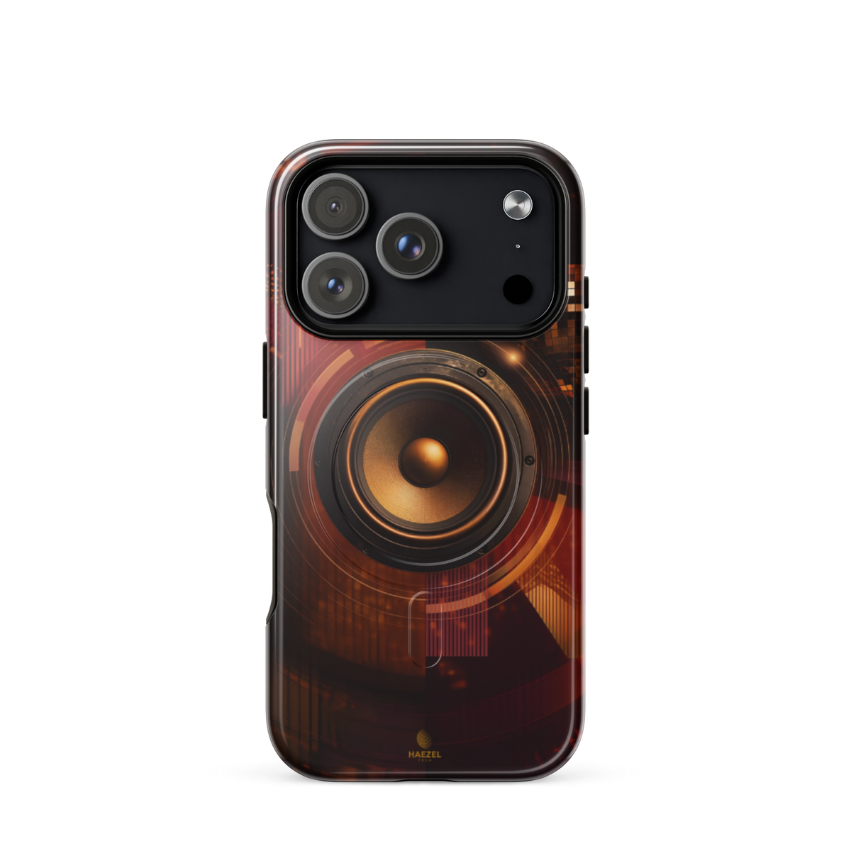 The Bassline iPhone Case, gold speaker cone split across red and black. Haezel Tech Rhythm Series, view 15