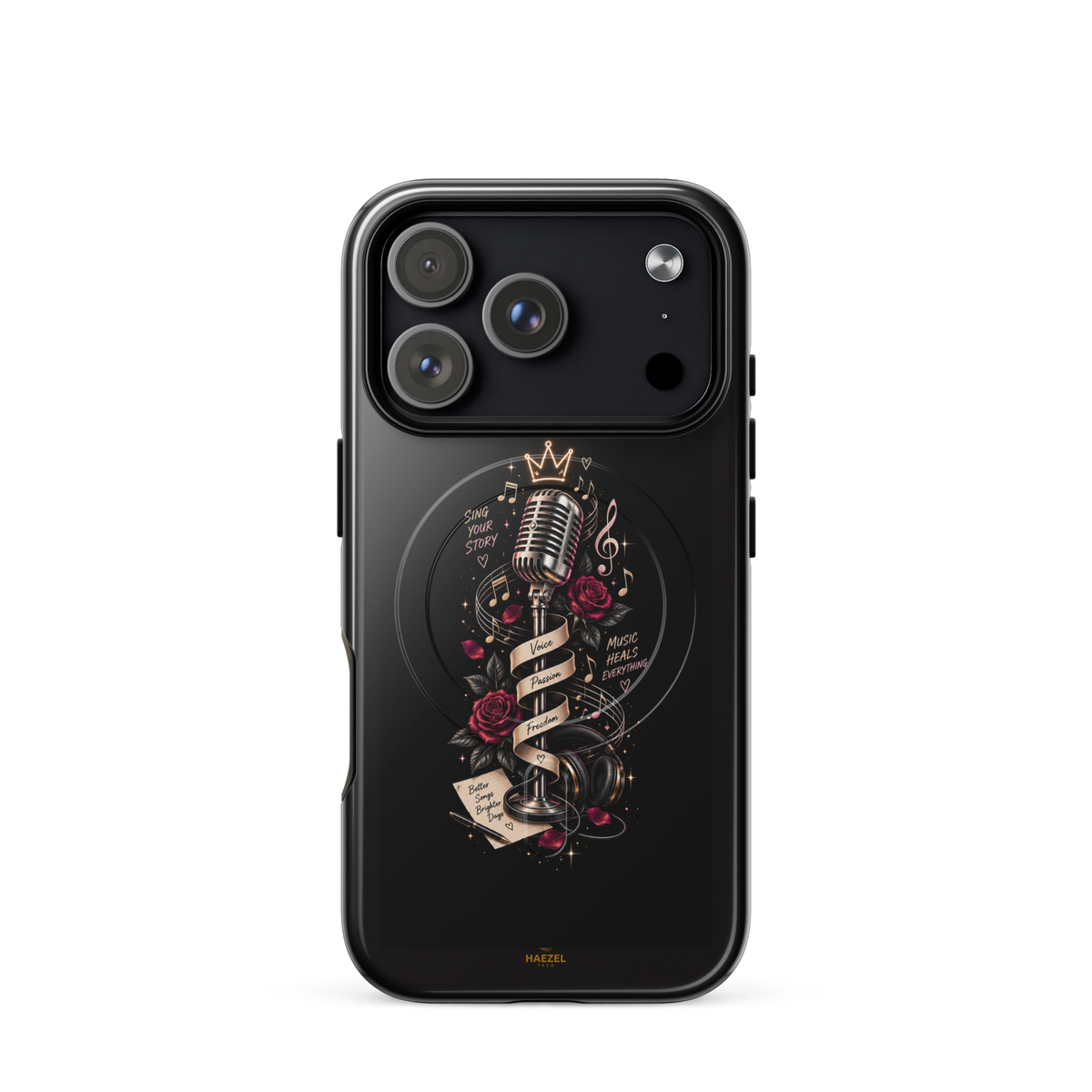 The Showstopper iPhone Case, crowned vintage microphone and red roses on black. Haezel Tech Rhythm Series, view 15
