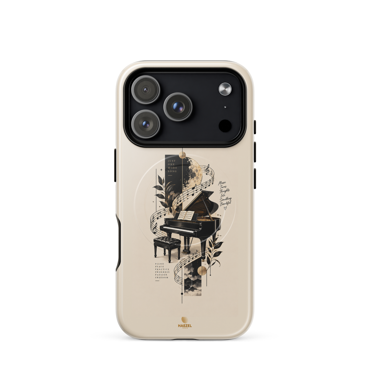 The Recital iPhone Case, grand piano and sheet music under a full moon on ivory. Haezel Tech Rhythm Series, view 15