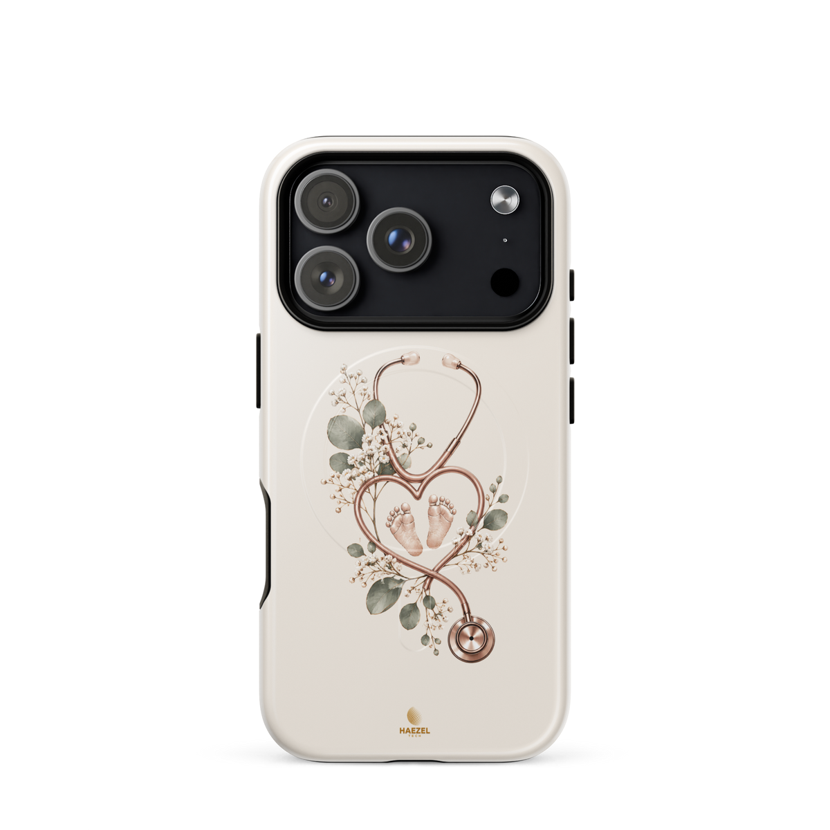 The Midwife Ivory iPhone Case, stethoscope heart with tiny baby feet on ivory. Haezel Tech Healer Series, view 15