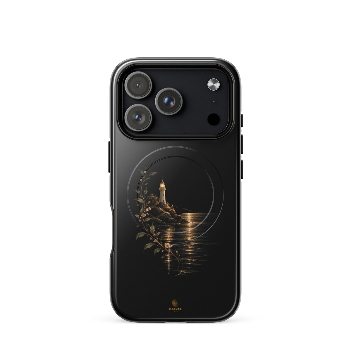 The Lighthouse iPhone Case, lighthouse glowing over still water with gold flowers on black. Haezel Tech Healer Series, view 15