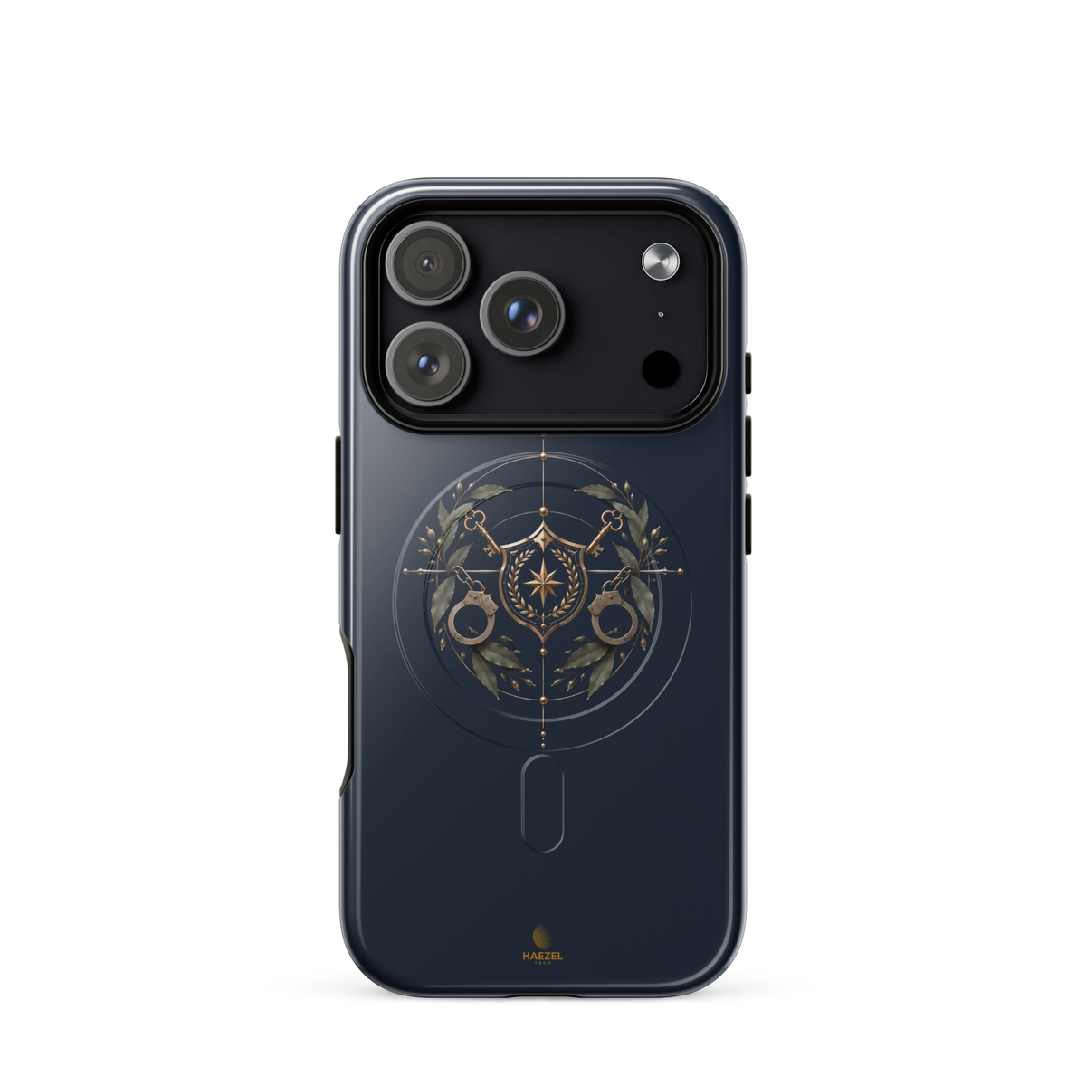 The Watch iPhone Case, gold shield with crossed keys and laurel wreath on navy. Haezel Tech Guardian Series, view 15