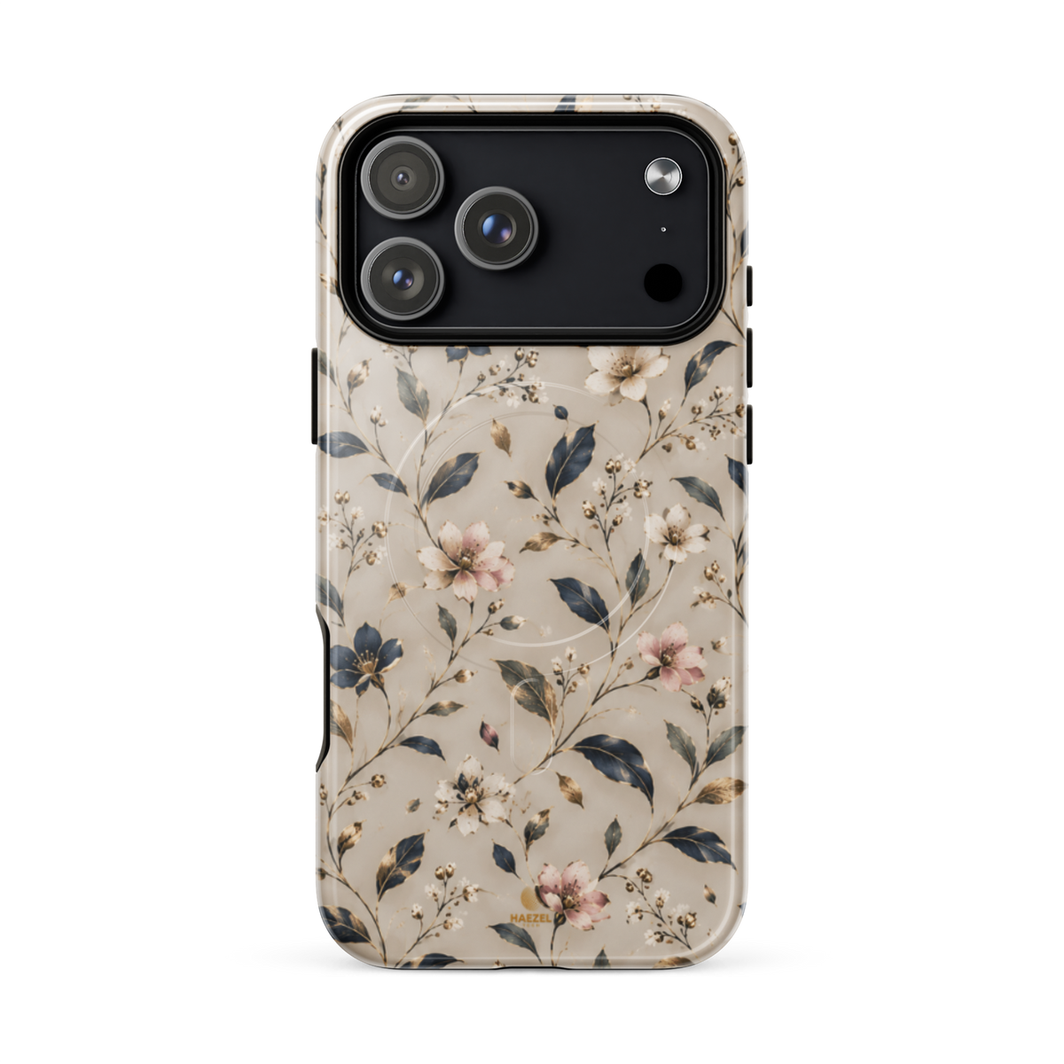 The Blossom iPhone Case by Haezel Tech — delicate pink and white blossom on ivory with navy leaves