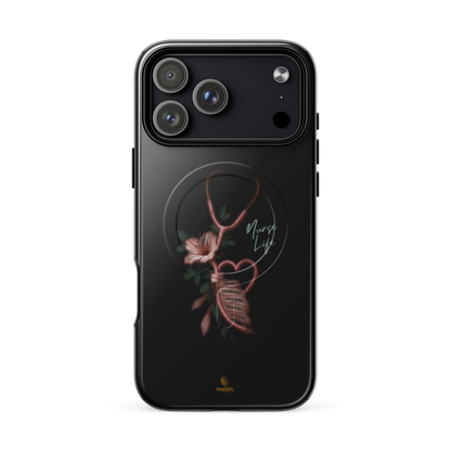 The Devotion Onyx iPhone Case, rose stethoscope heart on black. Haezel Tech Healer Series, view 16