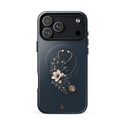 The Grace iPhone Case, anemones and rose-gold stethoscope on navy. Haezel Tech Healer Series, view 16