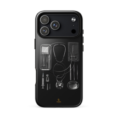 The Theatre iPhone Case, silver surgical instrument tray on black. Haezel Tech Healer Series, view 16