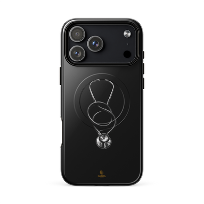 The Oath iPhone Case, single silver stethoscope on black. Haezel Tech Healer Series, view 16