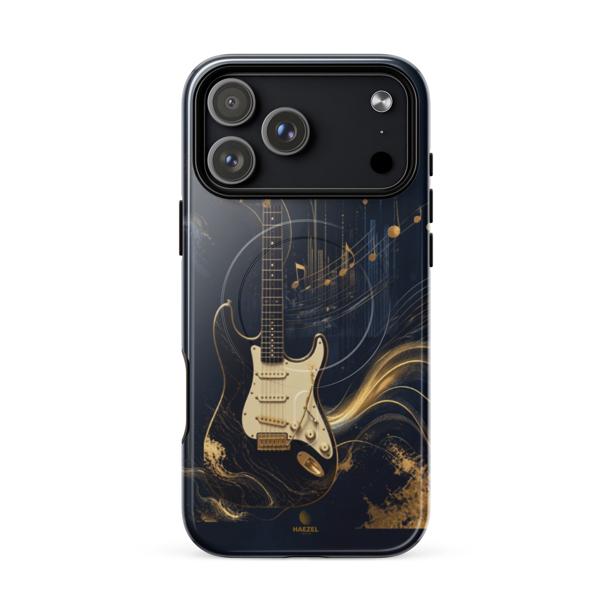 The Headliner iPhone Case, cream and gold electric guitar on navy. Haezel Tech Rhythm Series, view 16