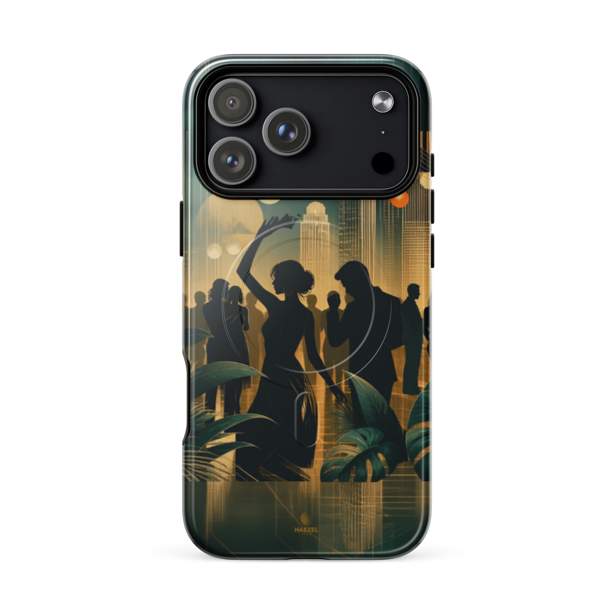 The Speakeasy iPhone Case, gold art deco dancers, city skyline and palm leaves. Haezel Tech Rhythm Series, view 16