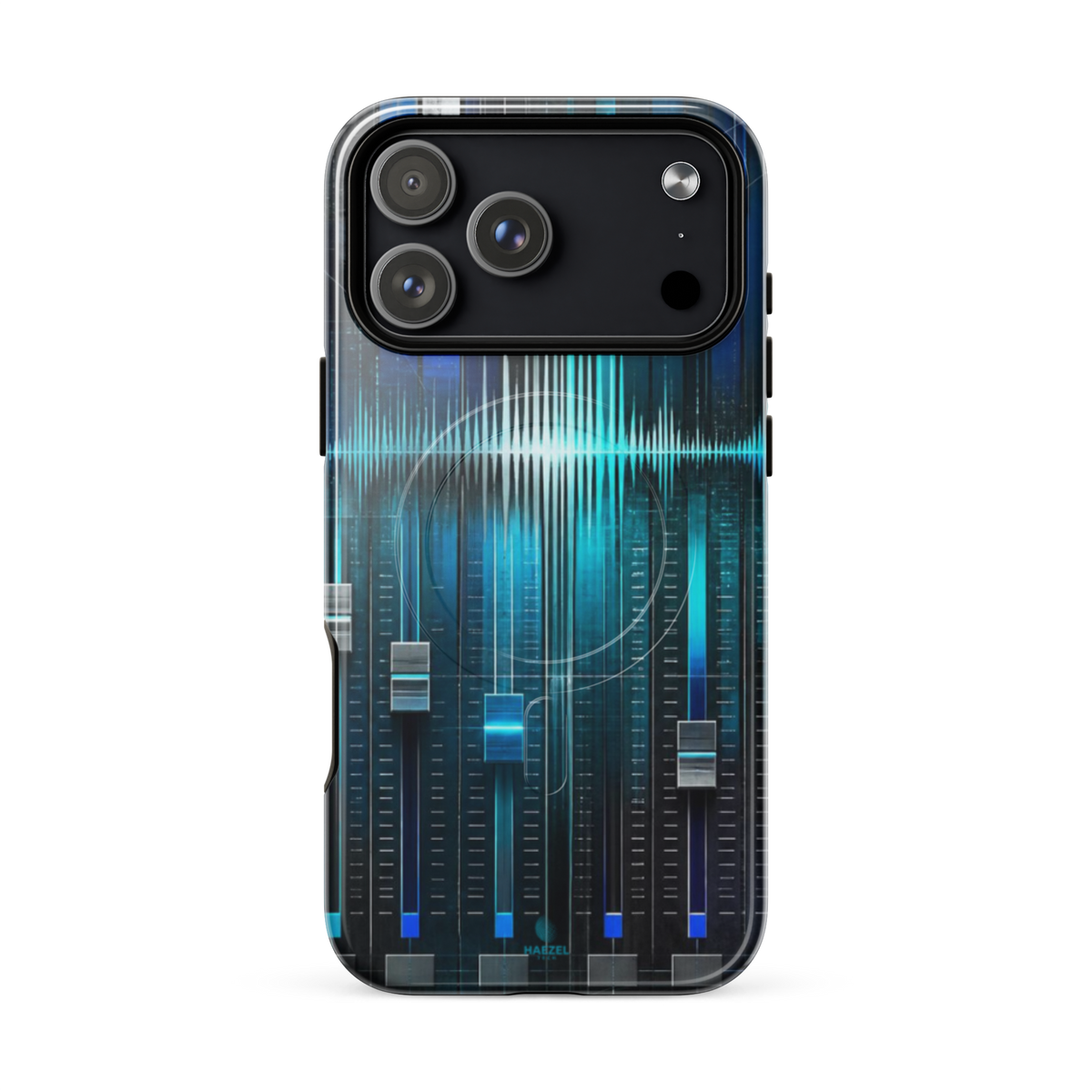 The Mixdown iPhone Case, cyan mixing desk faders and waveform peaks. Haezel Tech Rhythm Series, view 16