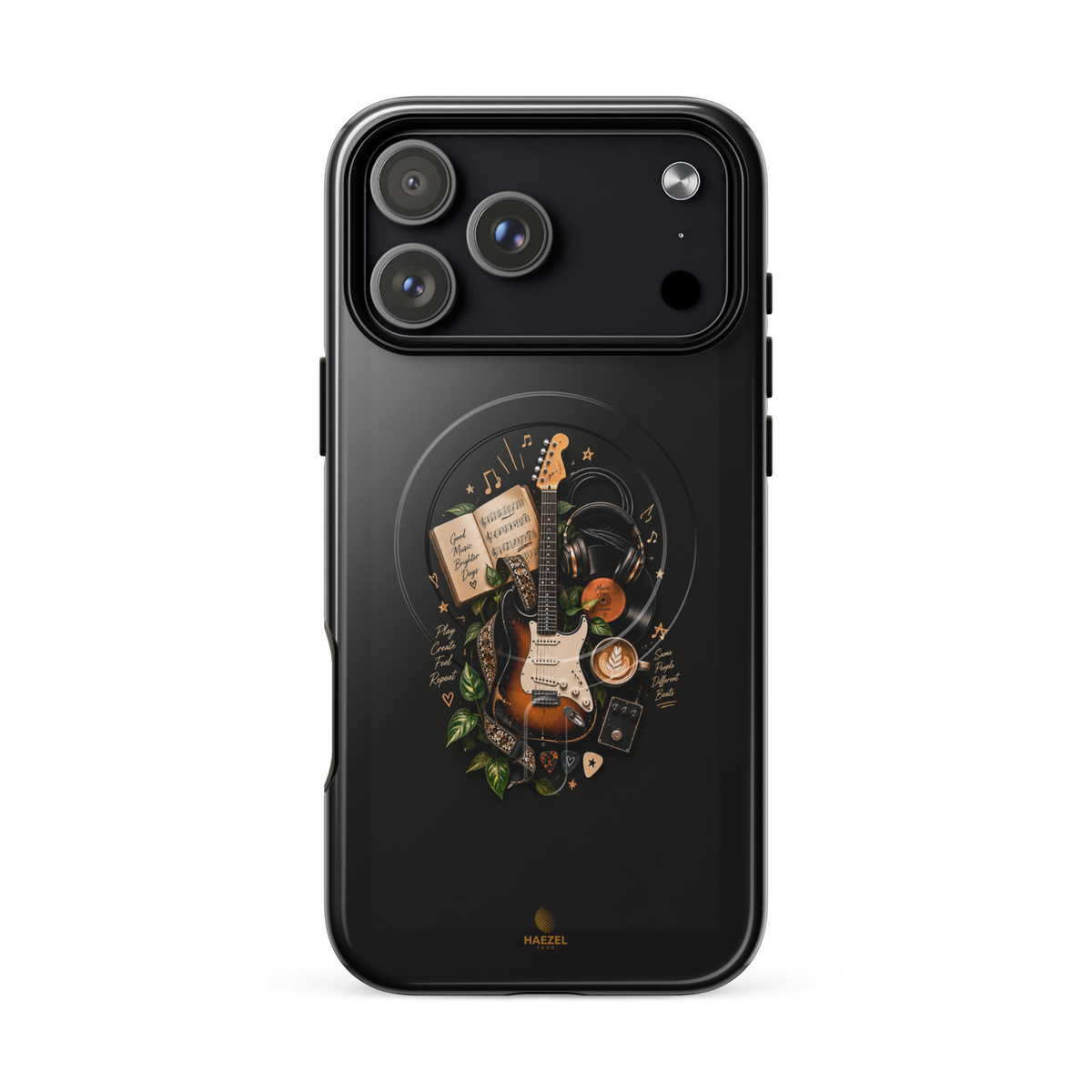 The Songbook iPhone Case, sunburst guitar and open songbook on black. Haezel Tech Rhythm Series, view 16