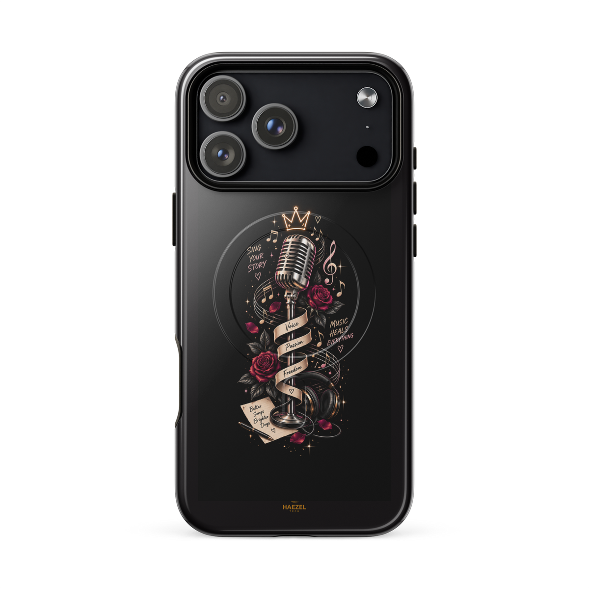 The Showstopper iPhone Case, crowned vintage microphone and red roses on black. Haezel Tech Rhythm Series, view 16