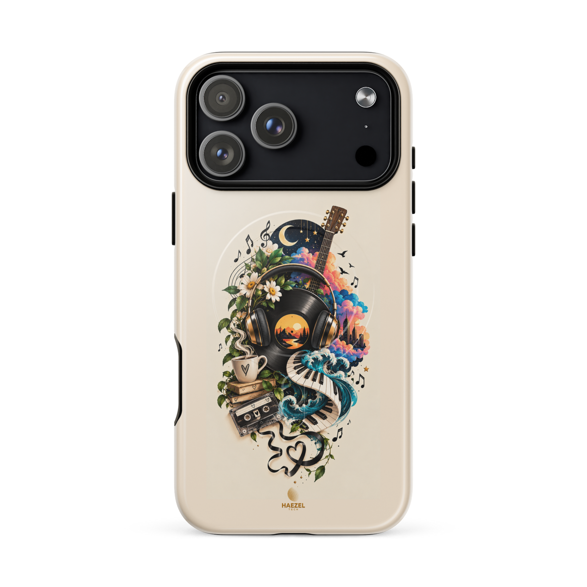 The Playlist iPhone Case, vinyl, headphones, guitar and cassette collage on ivory. Haezel Tech Rhythm Series, view 16