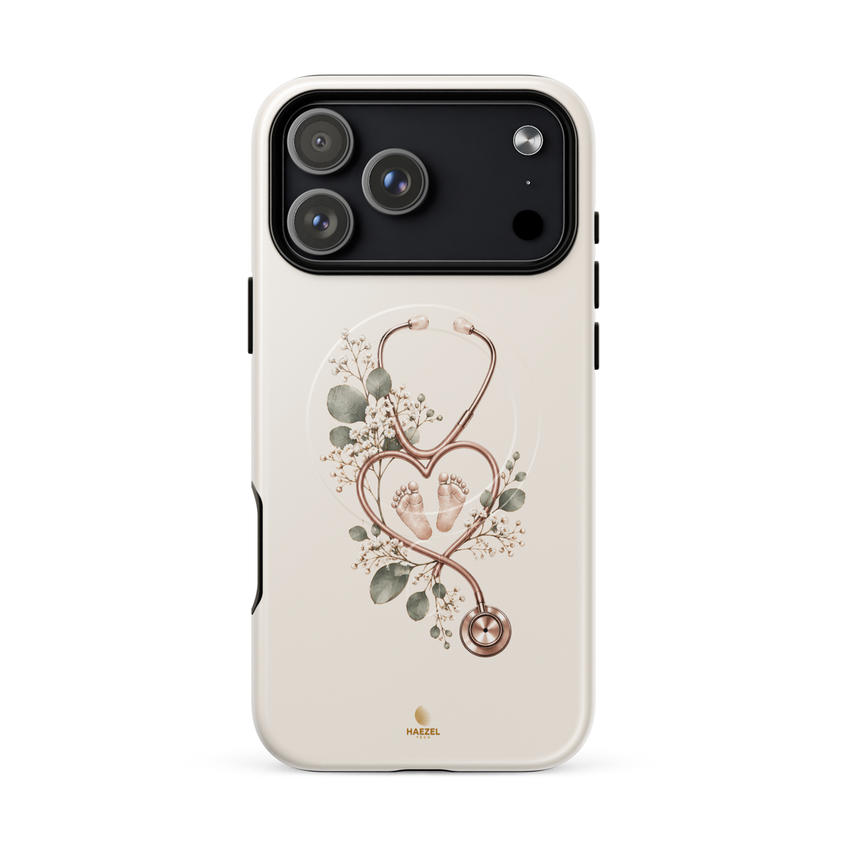 The Midwife Ivory iPhone Case, stethoscope heart with tiny baby feet on ivory. Haezel Tech Healer Series, view 16