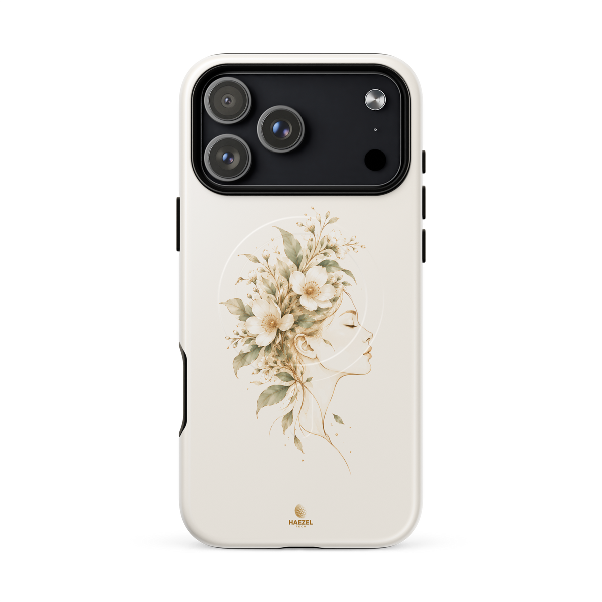 The Blooming Mind Ivory iPhone Case, woman's profile with flowers blooming from her mind on ivory. Haezel Tech Healer Series, view 16