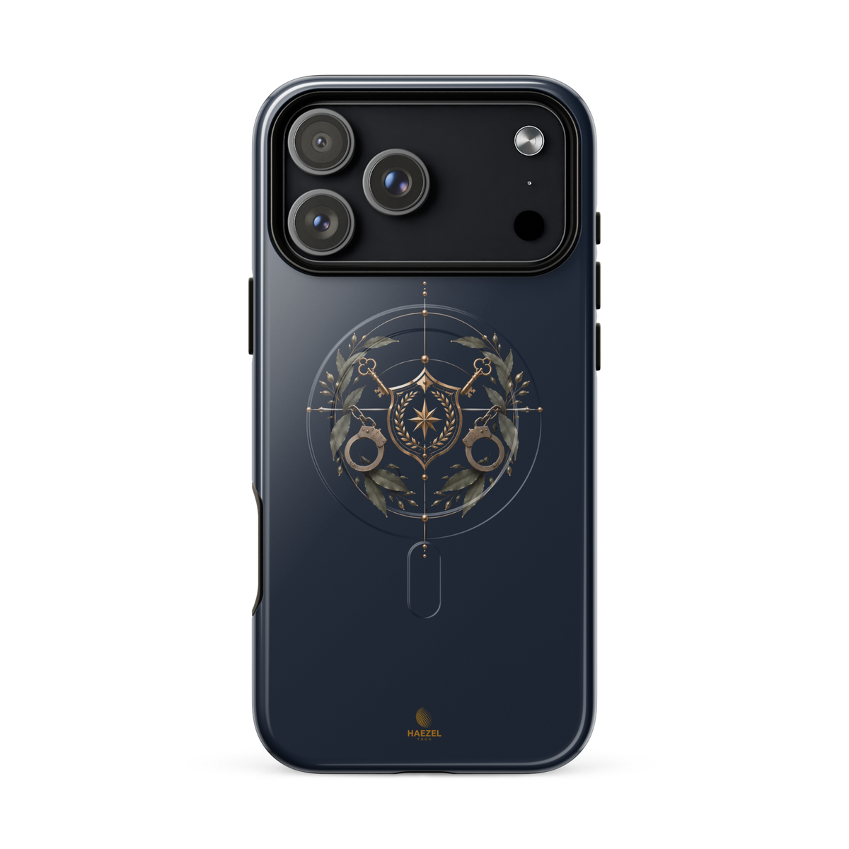 The Watch iPhone Case, gold shield with crossed keys and laurel wreath on navy. Haezel Tech Guardian Series, view 16