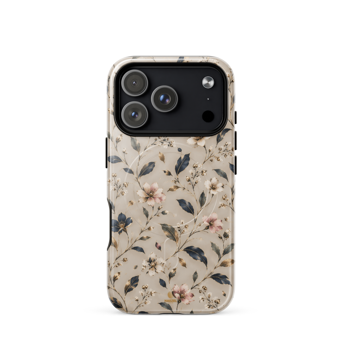 The Blossom iPhone Case by Haezel Tech — delicate pink and white blossom on ivory with navy leaves