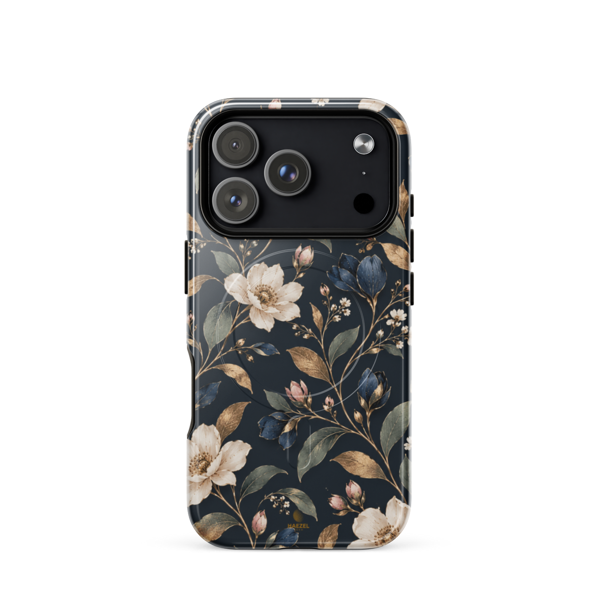 The Camellia iPhone Case by Haezel Tech — ivory camellias and gold leaves on deep navy