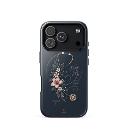 The Pledge iPhone Case, rose-gold stethoscope and lilies on navy. Haezel Tech Healer Series, view 17