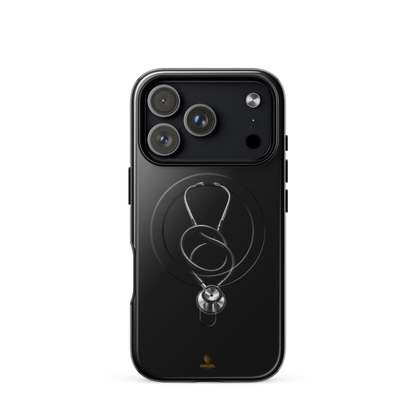 The Oath iPhone Case, single silver stethoscope on black. Haezel Tech Healer Series, view 17