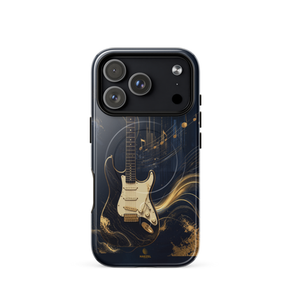 The Headliner iPhone Case, cream and gold electric guitar on navy. Haezel Tech Rhythm Series, view 17