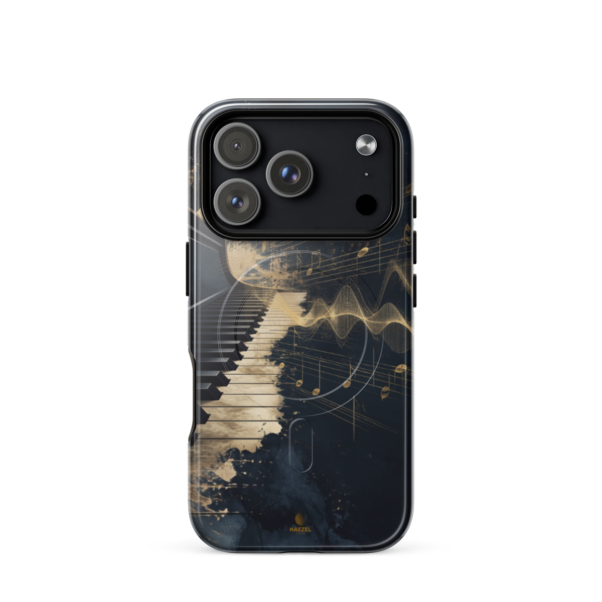The Nocturne iPhone Case, piano keys and gold music notation on midnight navy. Haezel Tech Rhythm Series, view 17