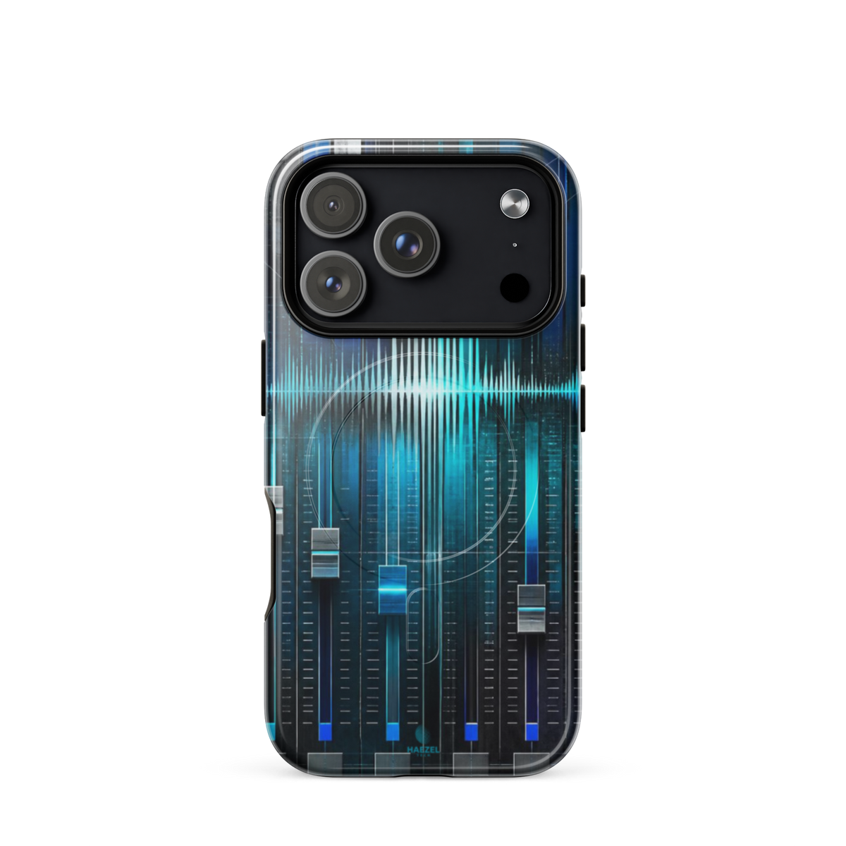 The Mixdown iPhone Case, cyan mixing desk faders and waveform peaks. Haezel Tech Rhythm Series, view 17