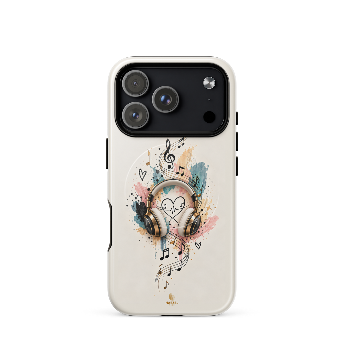 The Serenade Ivory iPhone Case, gold headphones and heartbeat in watercolour on ivory. Haezel Tech Rhythm Series, view 17