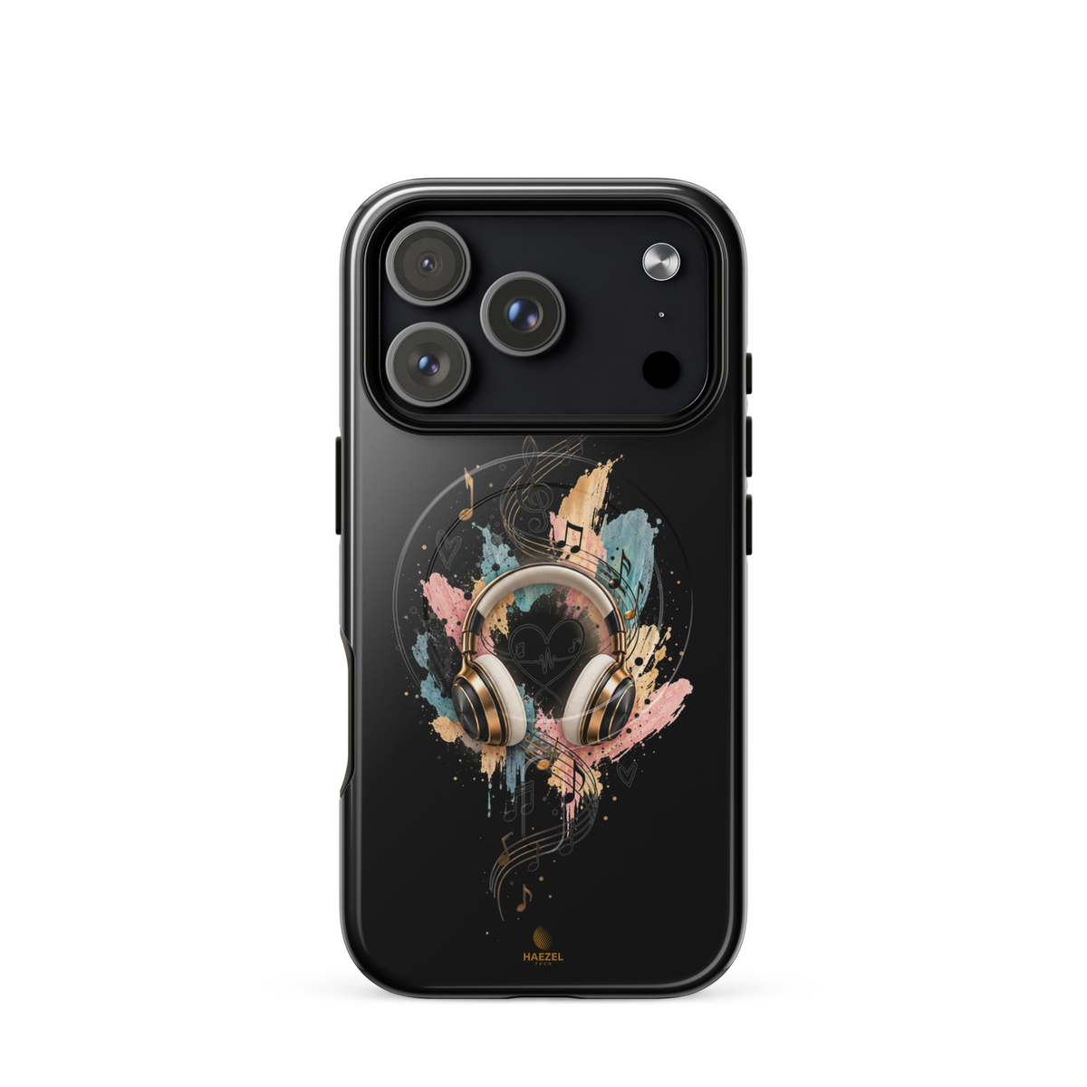 The Serenade Onyx iPhone Case, gold headphones and heartbeat in watercolour on black. Haezel Tech Rhythm Series, view 17