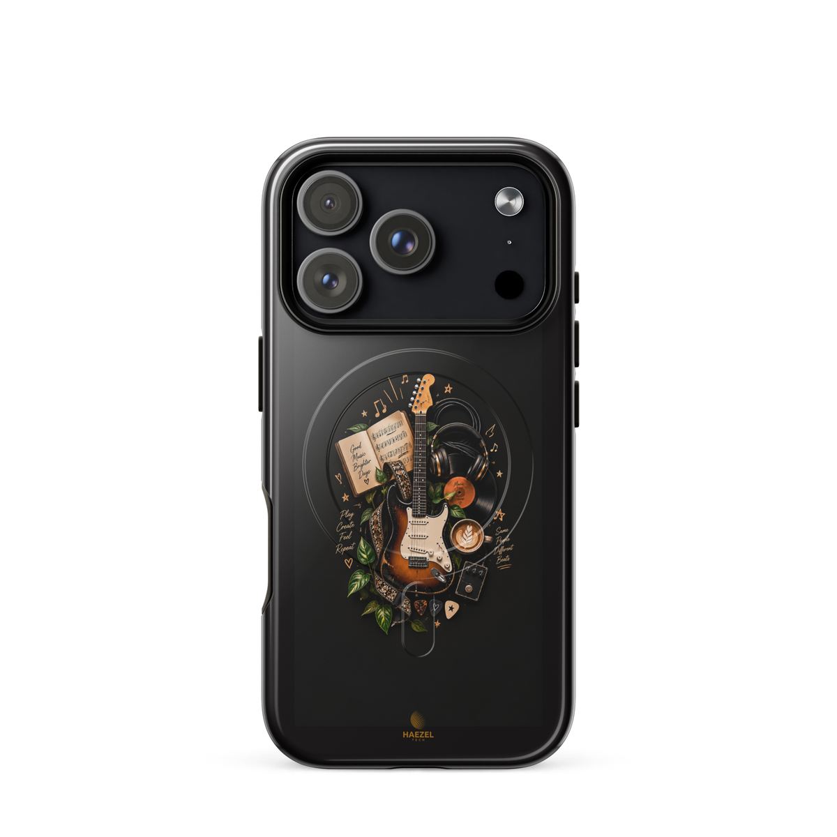 The Songbook iPhone Case, sunburst guitar and open songbook on black. Haezel Tech Rhythm Series, view 17