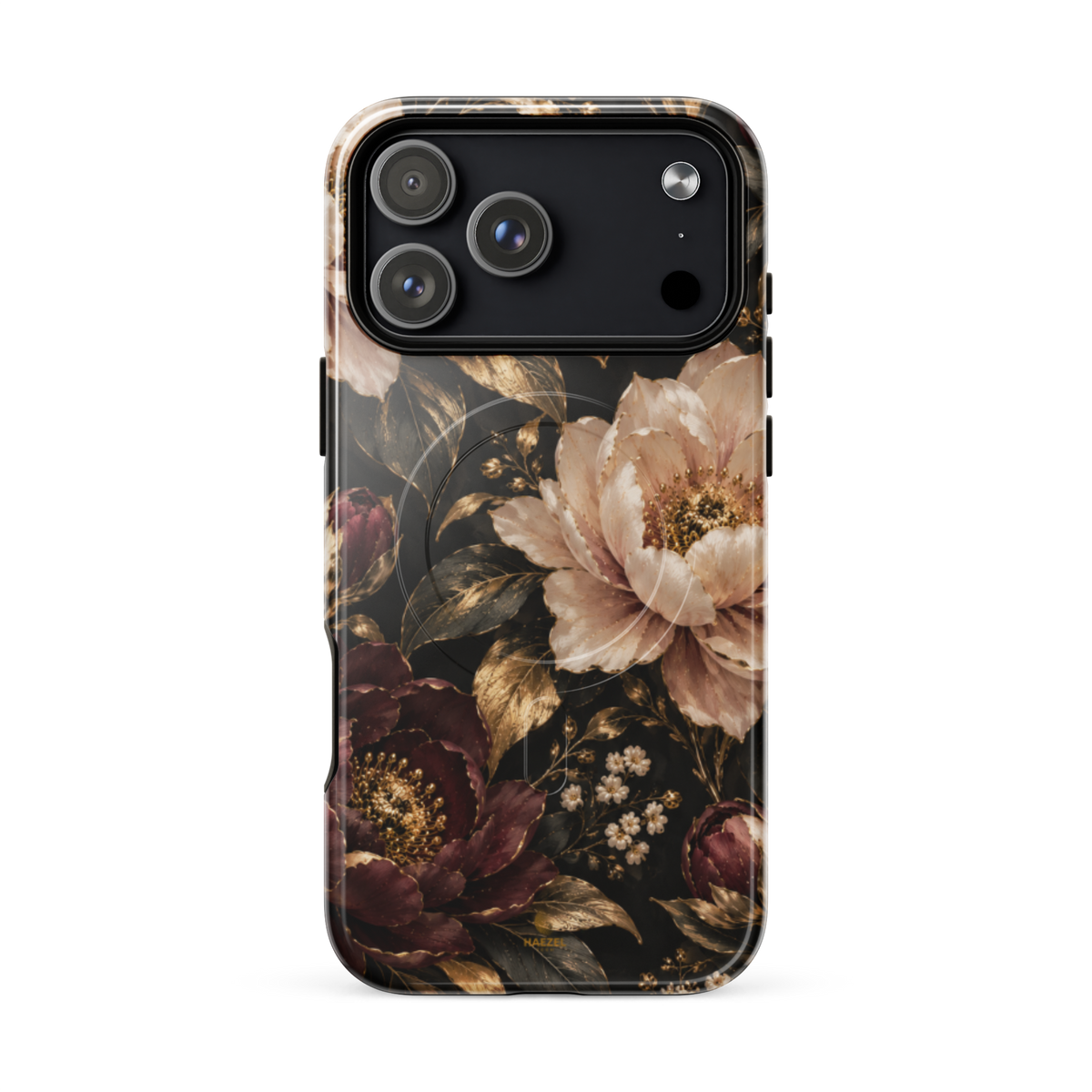 The Peony iPhone Case by Haezel Tech — blush and burgundy peonies with gold foliage on black