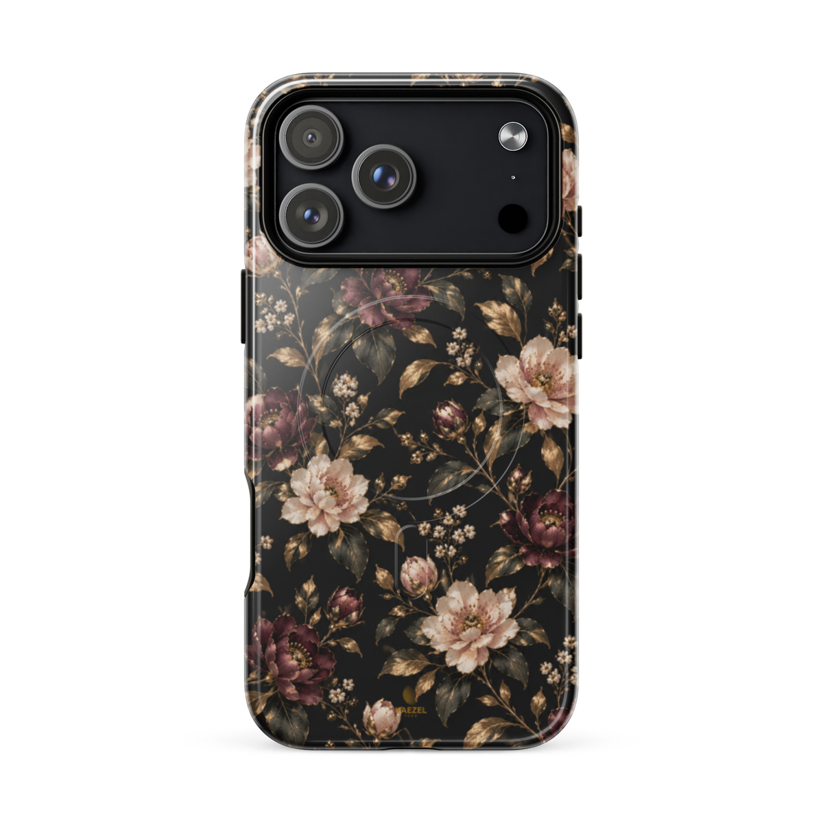The Rosewood iPhone Case by Haezel Tech — dusky rose and burgundy florals with gold leaves on black