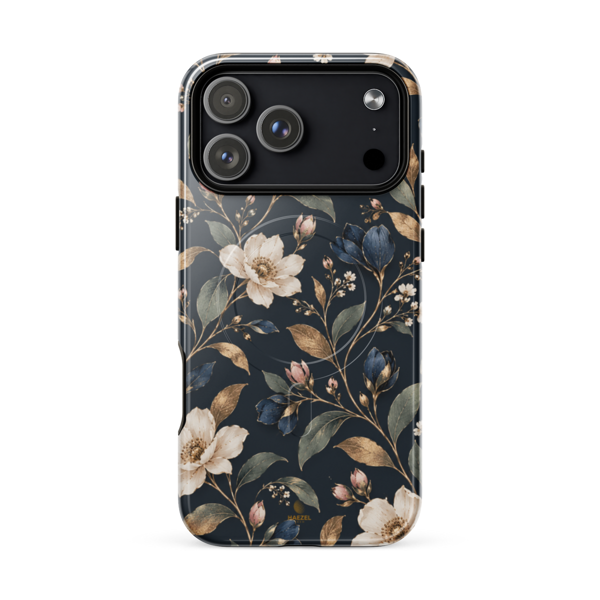 The Camellia iPhone Case by Haezel Tech — ivory camellias and gold leaves on deep navy