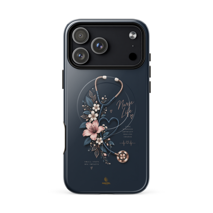 The Pledge iPhone Case, rose-gold stethoscope and lilies on navy. Haezel Tech Healer Series, view 18