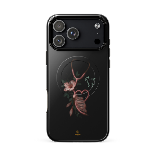 The Devotion Onyx iPhone Case, rose stethoscope heart on black. Haezel Tech Healer Series, view 18