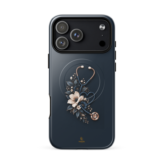 The Grace iPhone Case, anemones and rose-gold stethoscope on navy. Haezel Tech Healer Series, view 18