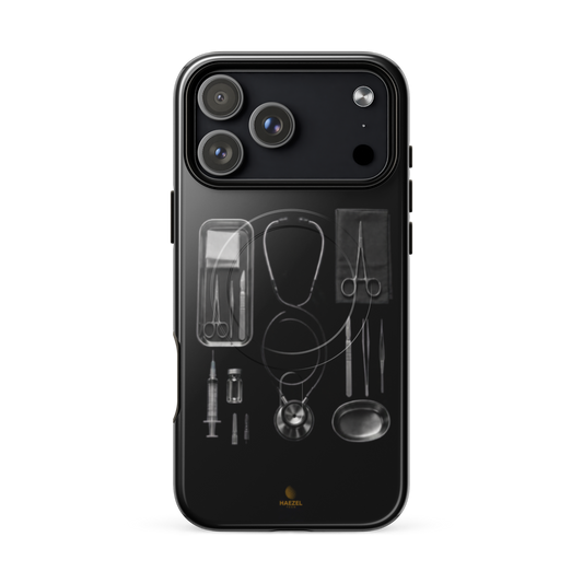 The Theatre iPhone Case, silver surgical instrument tray on black. Haezel Tech Healer Series, view 18