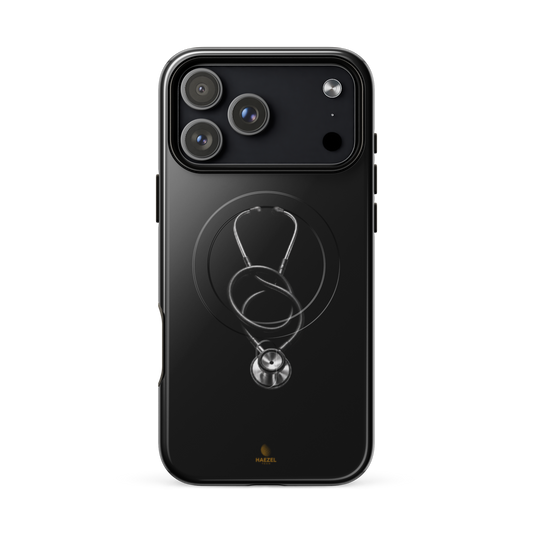 The Oath iPhone Case, single silver stethoscope on black. Haezel Tech Healer Series, view 18