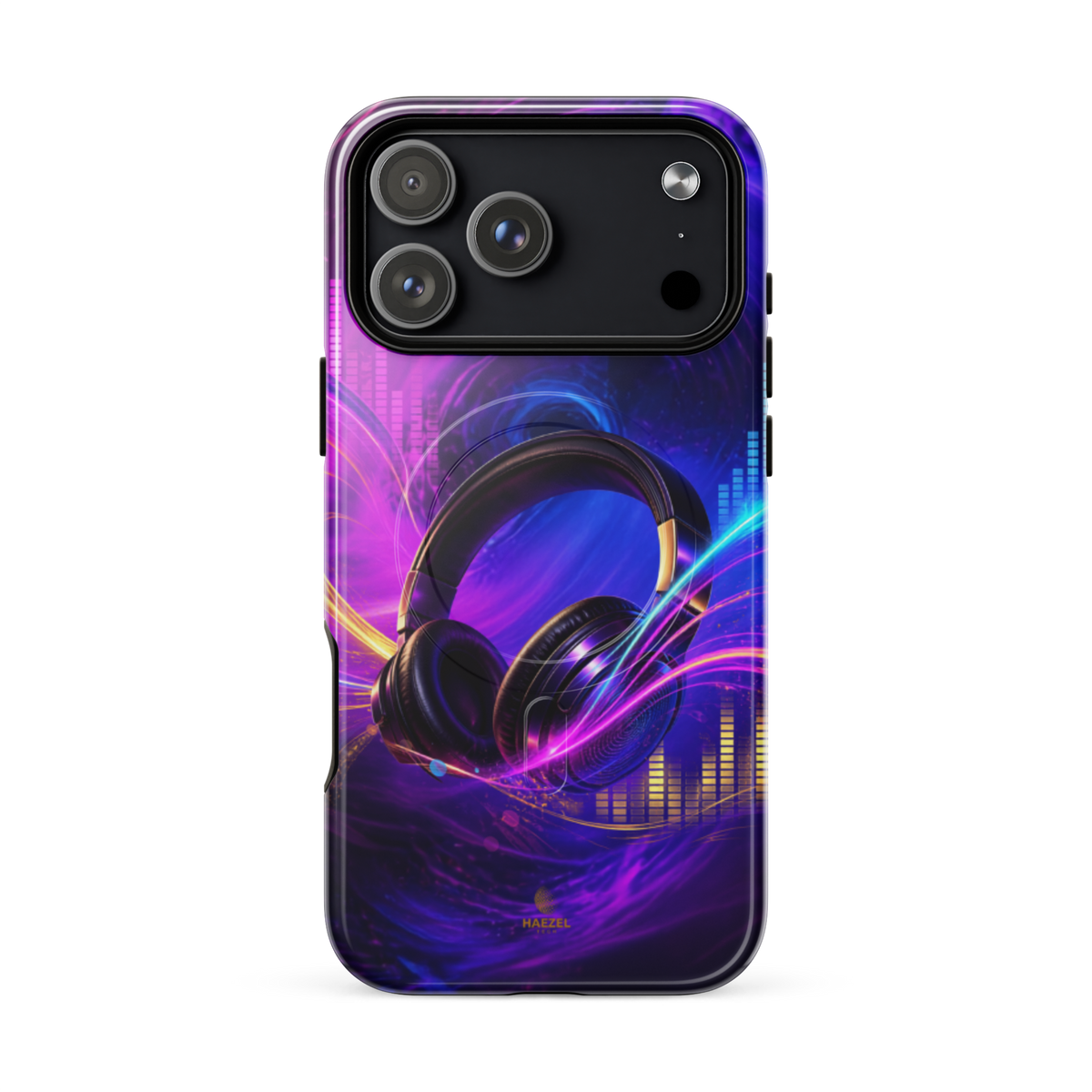 The Frequency iPhone Case, studio headphones on a neon equaliser swirl. Haezel Tech Rhythm Series, view 18