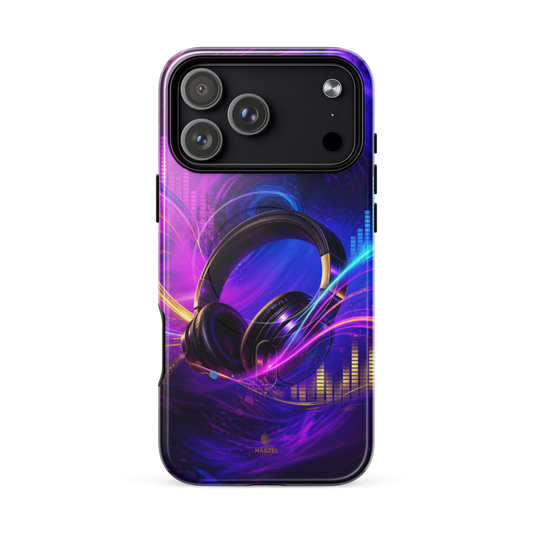 The Frequency iPhone Case, studio headphones on a neon equaliser swirl. Haezel Tech Rhythm Series, view 18