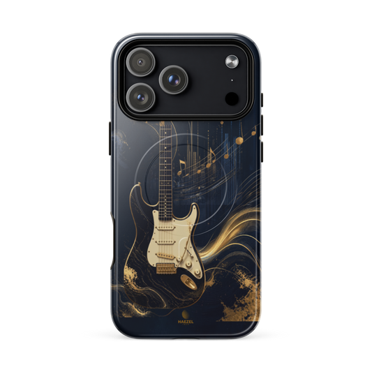 The Headliner iPhone Case, cream and gold electric guitar on navy. Haezel Tech Rhythm Series, view 18