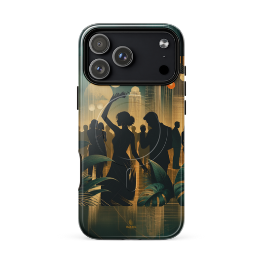 The Speakeasy iPhone Case, gold art deco dancers, city skyline and palm leaves. Haezel Tech Rhythm Series, view 18