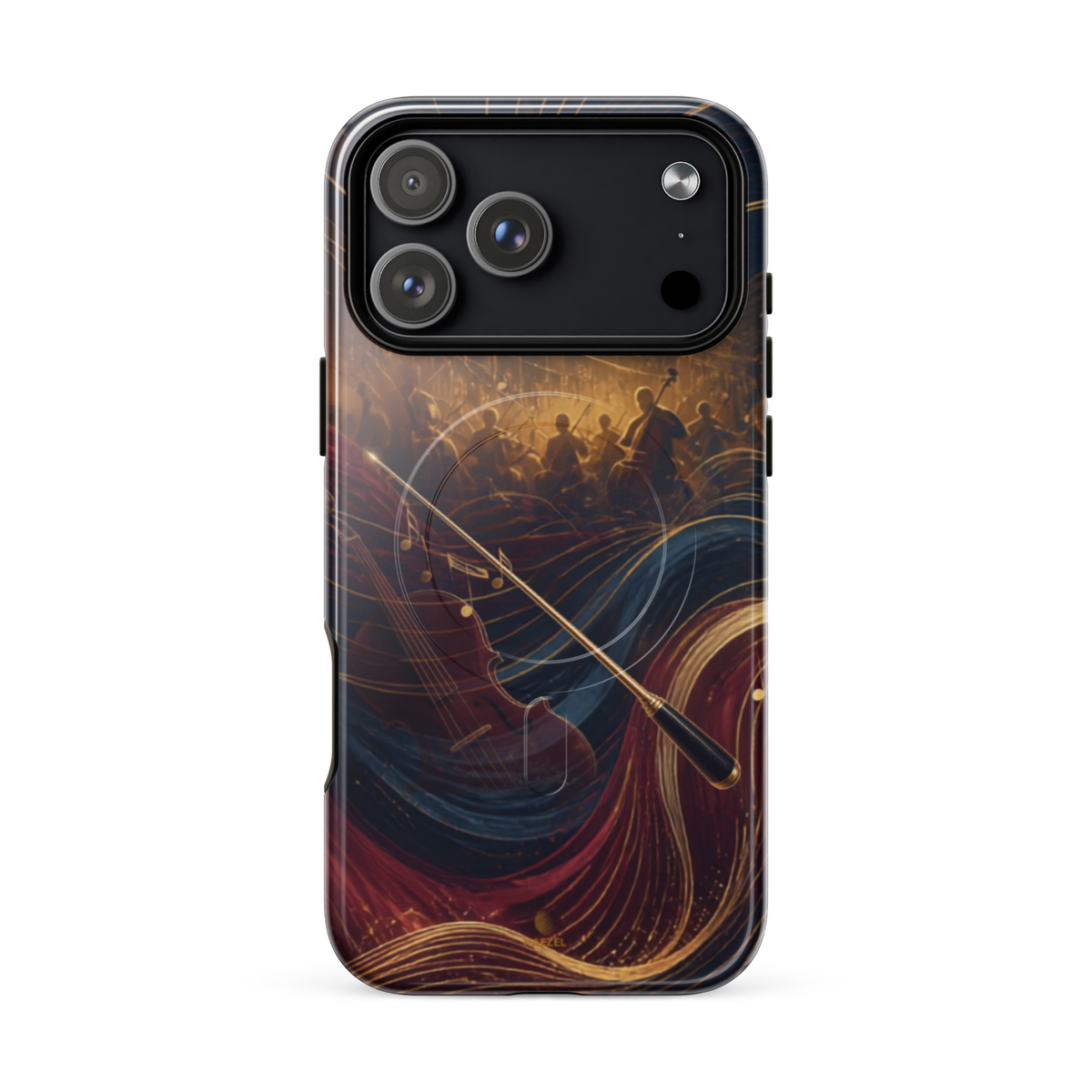 The Virtuoso iPhone Case, gold-line violin and bow over orchestra silhouettes. Haezel Tech Rhythm Series, view 18